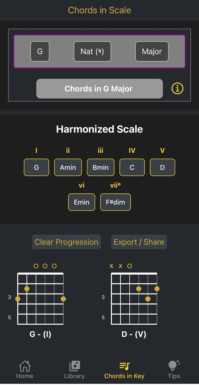 Guitar Buddy chords in key screen